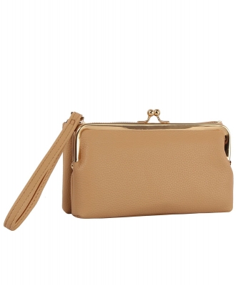 Fashion Kiss Lock Wallet Wristlet GLW-0145 TAN